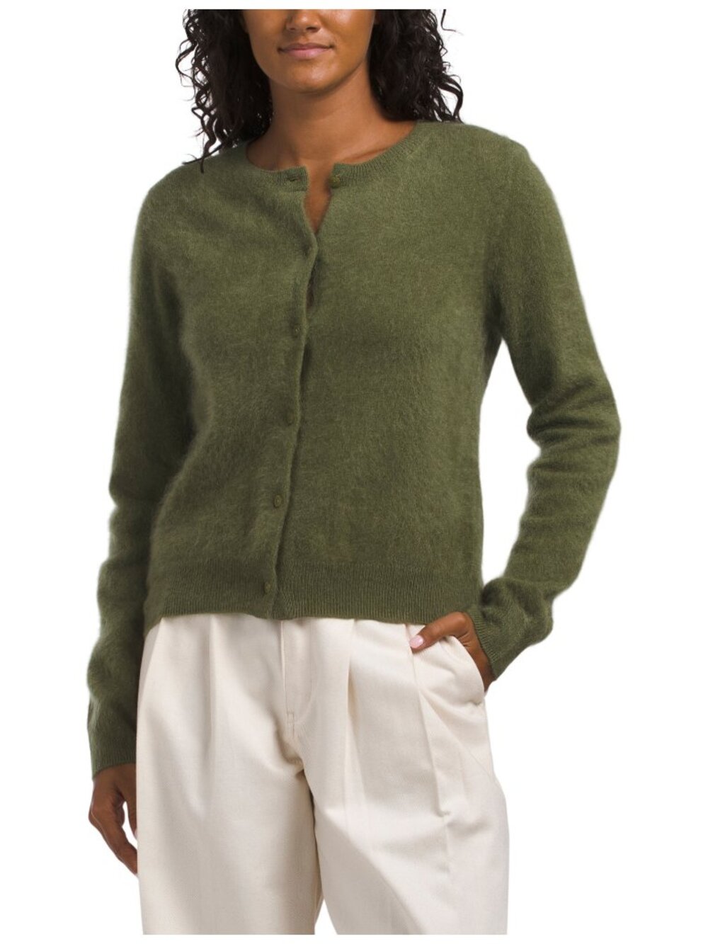 Equipment 100% Cashmere Brushed Henley Cardigan Olive Green Button Front